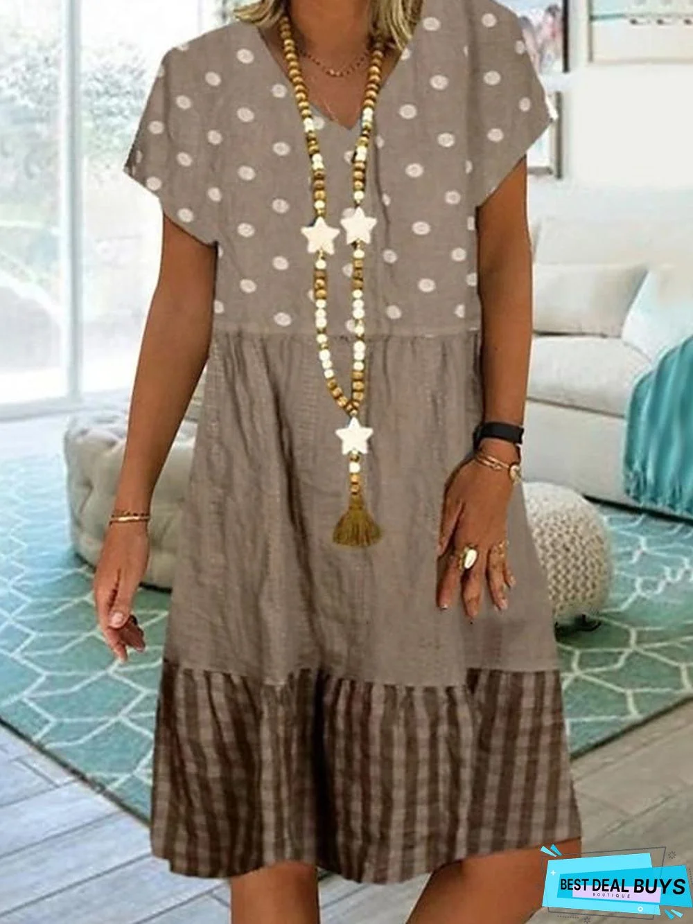 Women's Knee Length Dress - Short Sleeve Polka Dot Print Summer Plus Size Hot Casual Blue Khaki Green