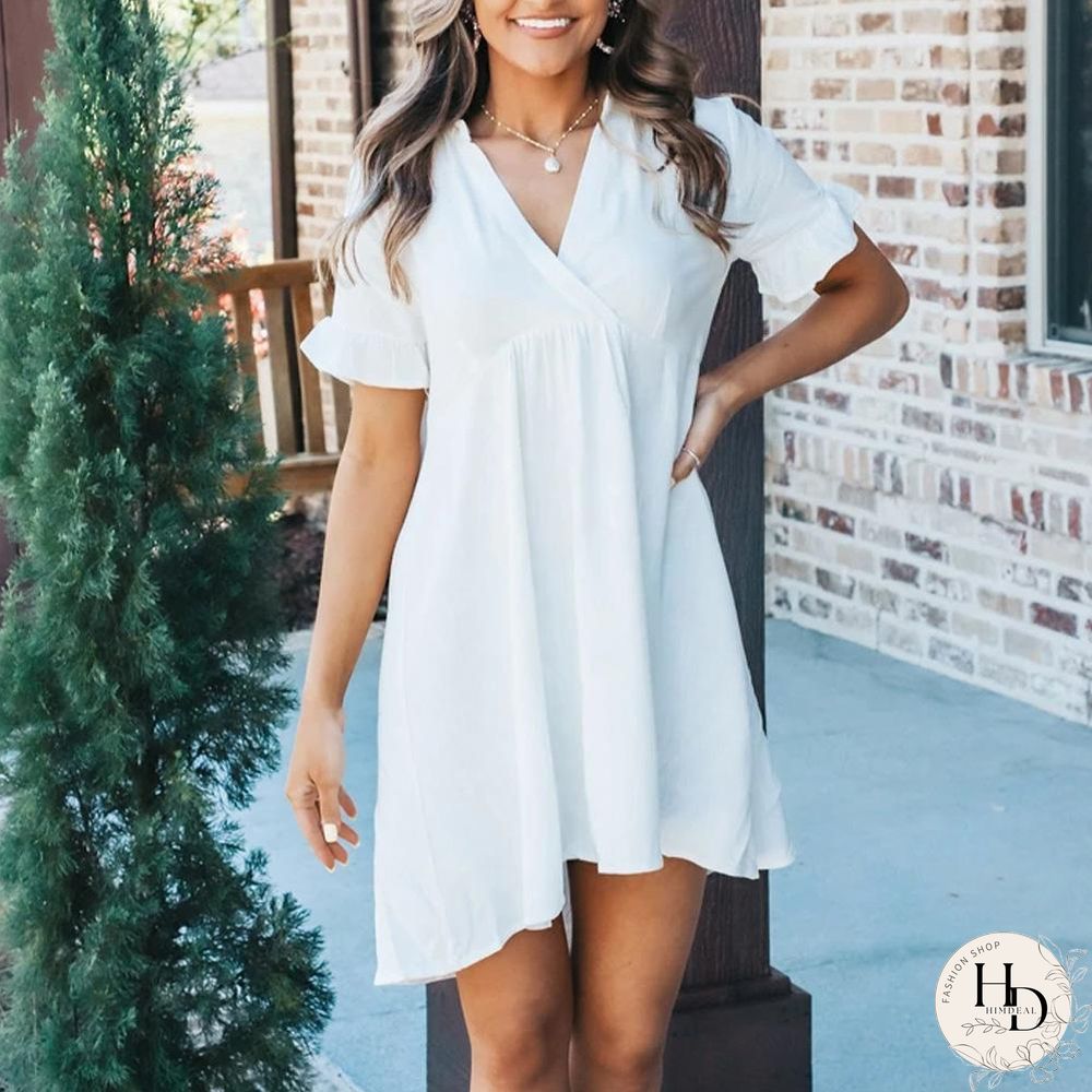 Solid Color Ruched V-Neck Dress