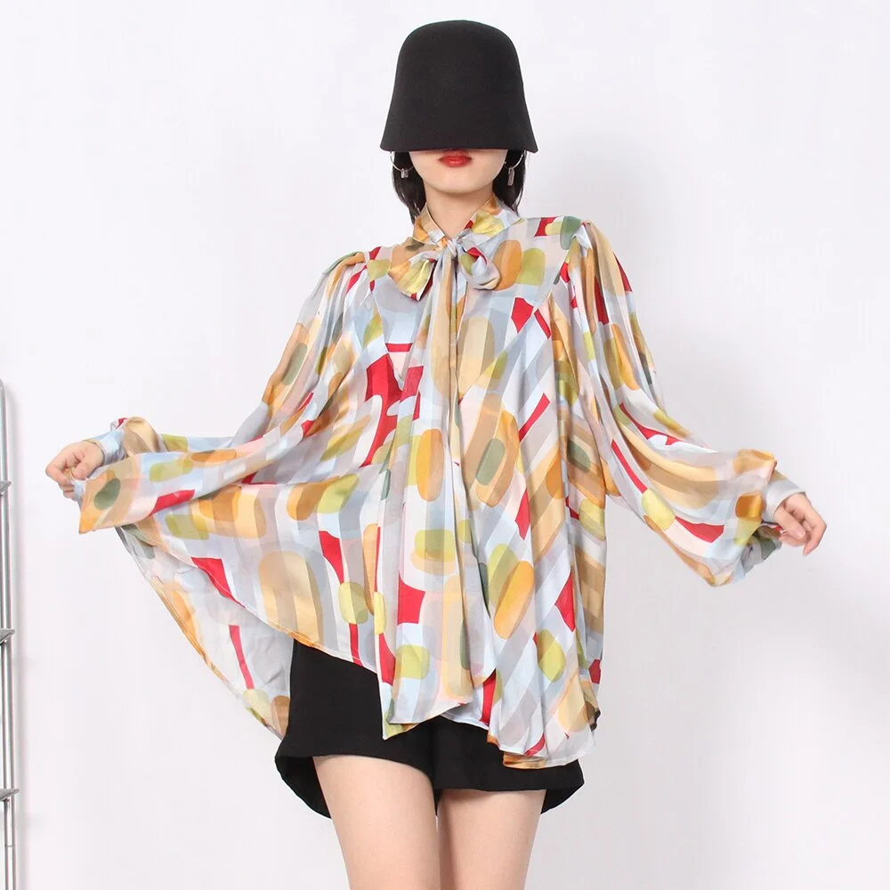 Ueong TWOTWINSTYLE Straight Shirt For Women Bow Collar Long Sleeve Print Colorblock Loose Blouses Female Fashion Spring Clothing Style