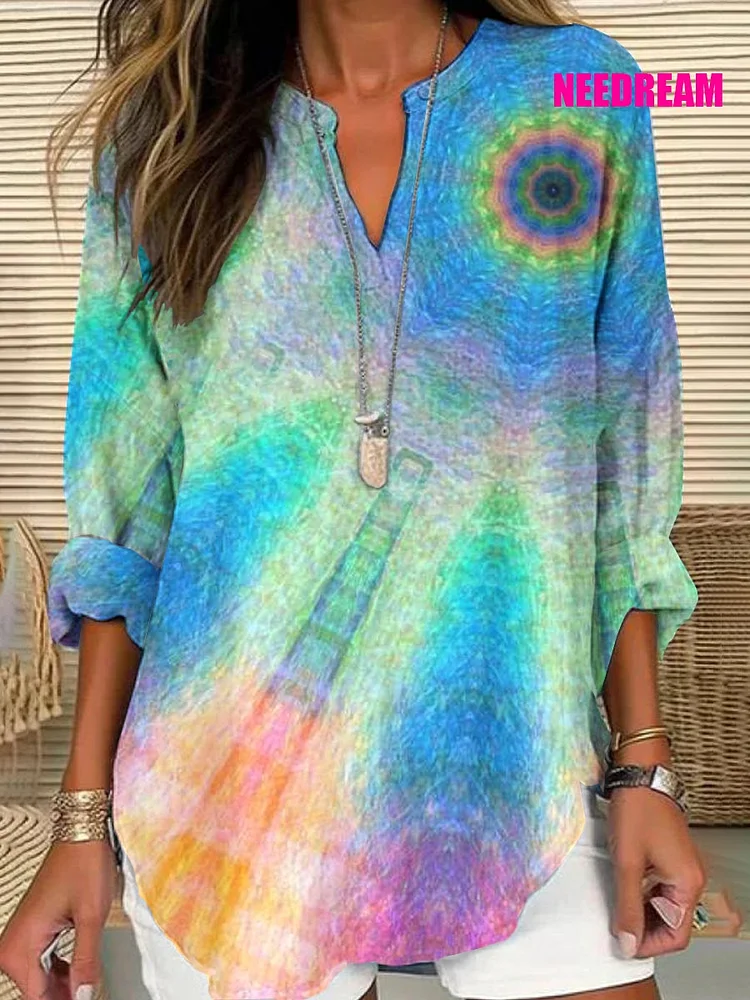 Womens Tie Dye Pattern Cotton Long Sleeve Crew Neck Shirt 