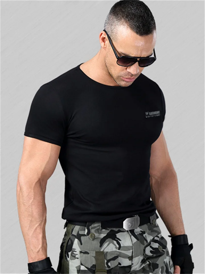 Round Neck Short Sleeve Tight T-shirt Stretch Men's Cotton Fitness Half Sleeve Military Fan T-shirt | 168DEAL