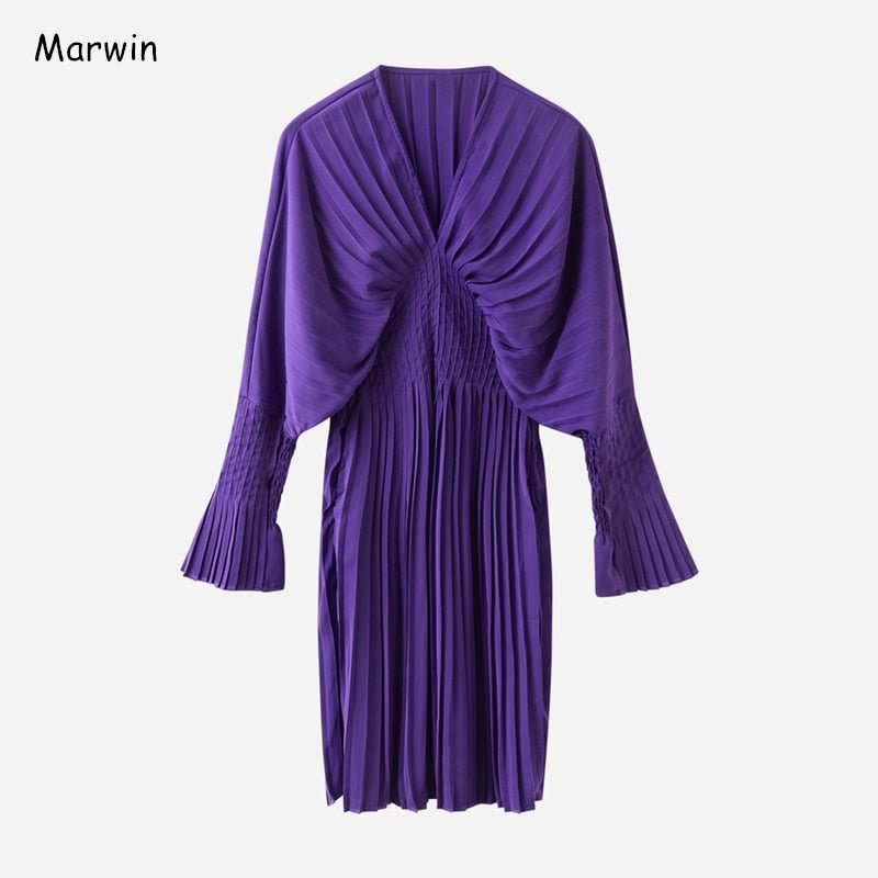 Marwin 2021 New-Coming Spring Solid Draped V-Neck Empire Flare Sleeve Women Dresses High Street Style Knee-Length Dresses