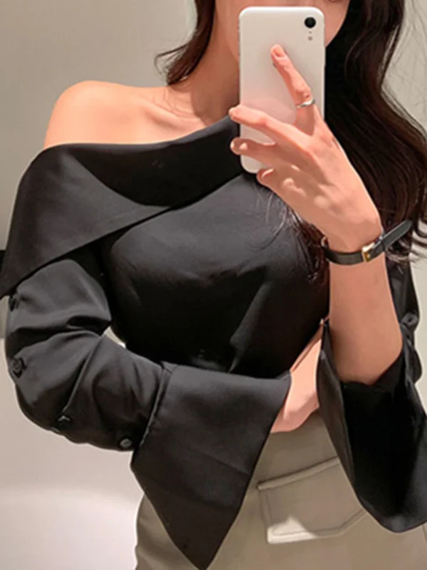 Long Sleeves Asymmetric Buttoned See-Through Solid Color One-Shoulder Blouses&Shirts Tops