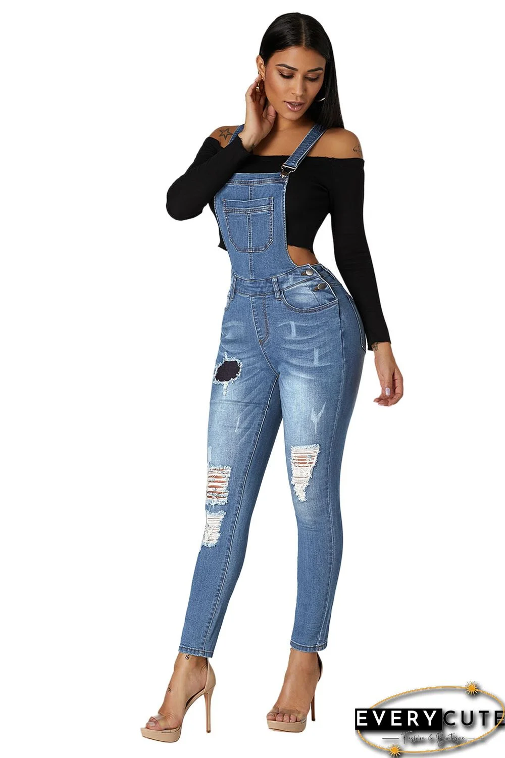 Medium Blue Wash Distressed Denim Overall