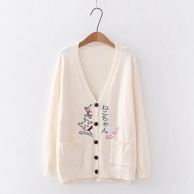 Cartoon Cat Print Cardigan Sweater Shirt Denim Pants Set