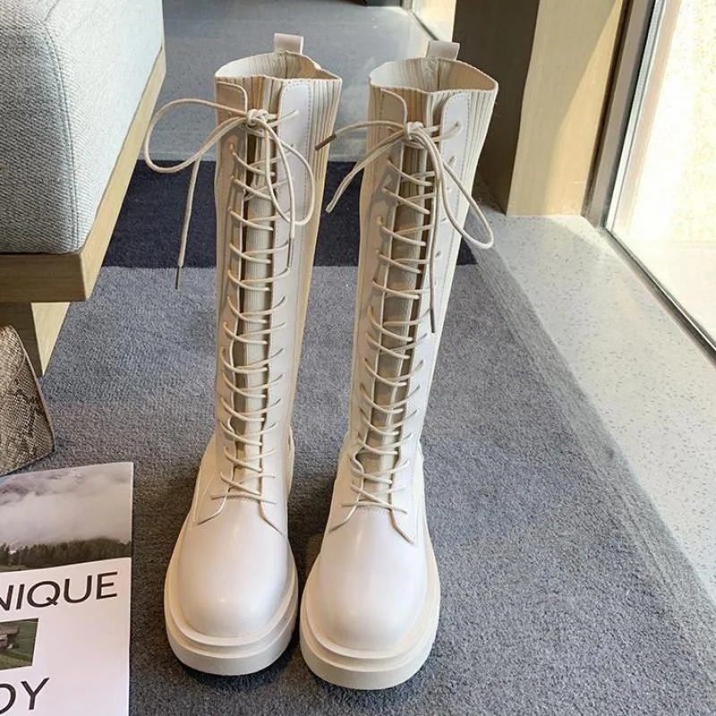 Ladies Paltform Shoes Autumn Women Knee High Boots Casual Pu Leather Lace Up Thick Sole Ytmtloy Stretch Fabric Botines De Mujer