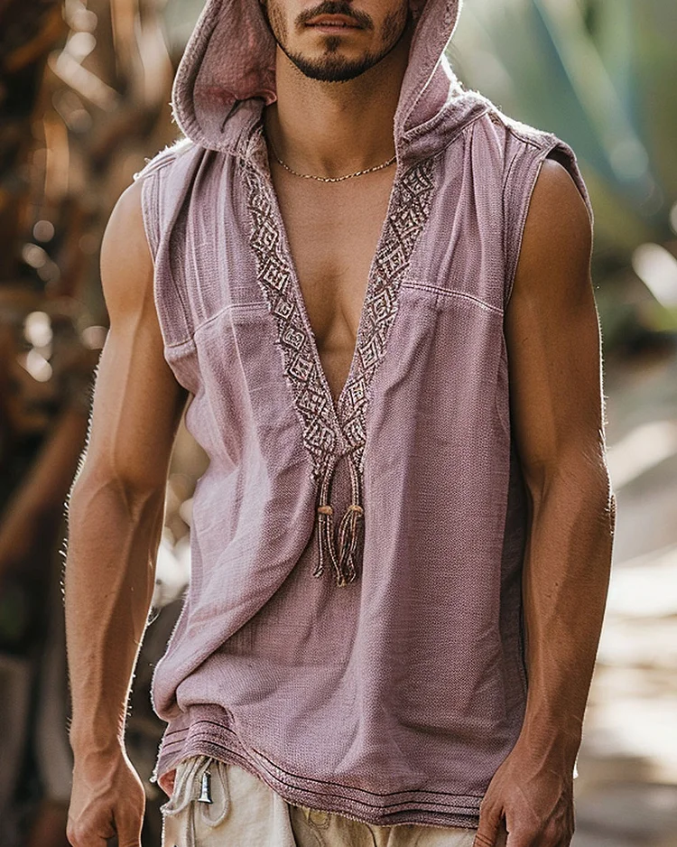 Men's Retro Linen Sleeveless Hoodie