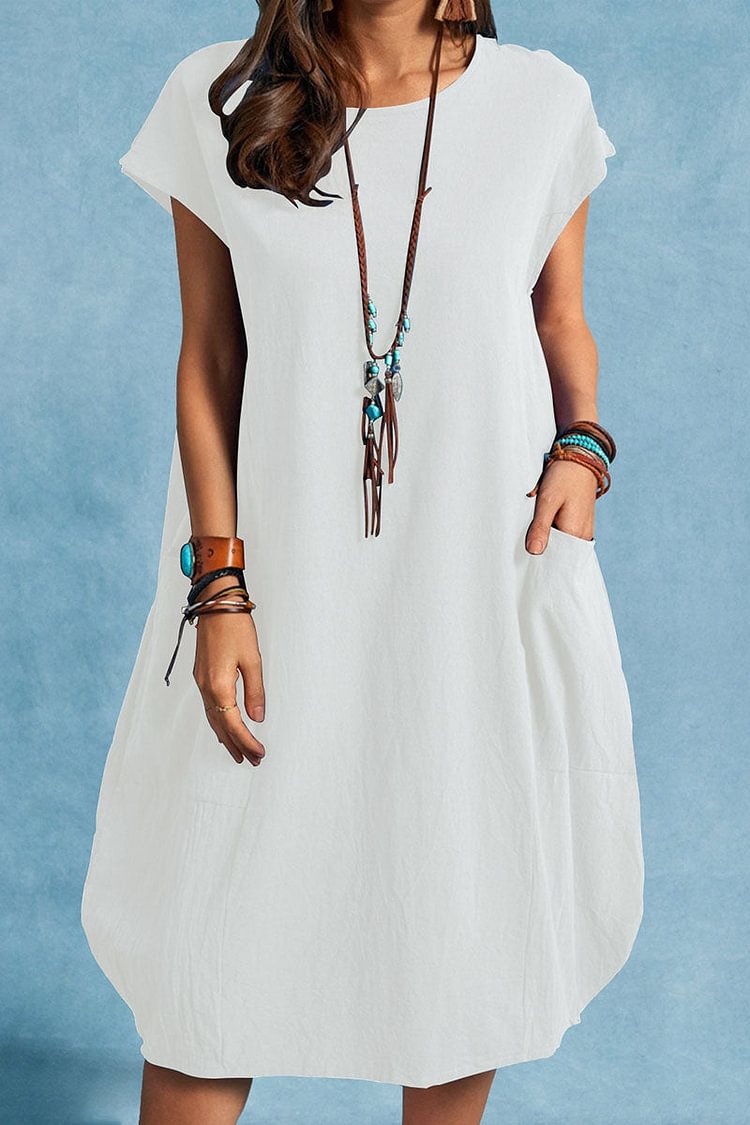 Linen Short Sleeve Round Neck Pocket Midi Dress