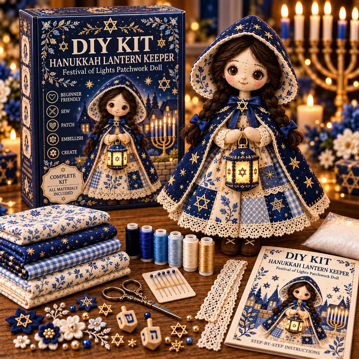 Hanukkah patchwork doll DIY kit detail