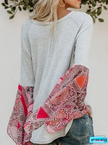 Autumn Solid Color Round Neck Long Sleeve Print Loose Stitching Top