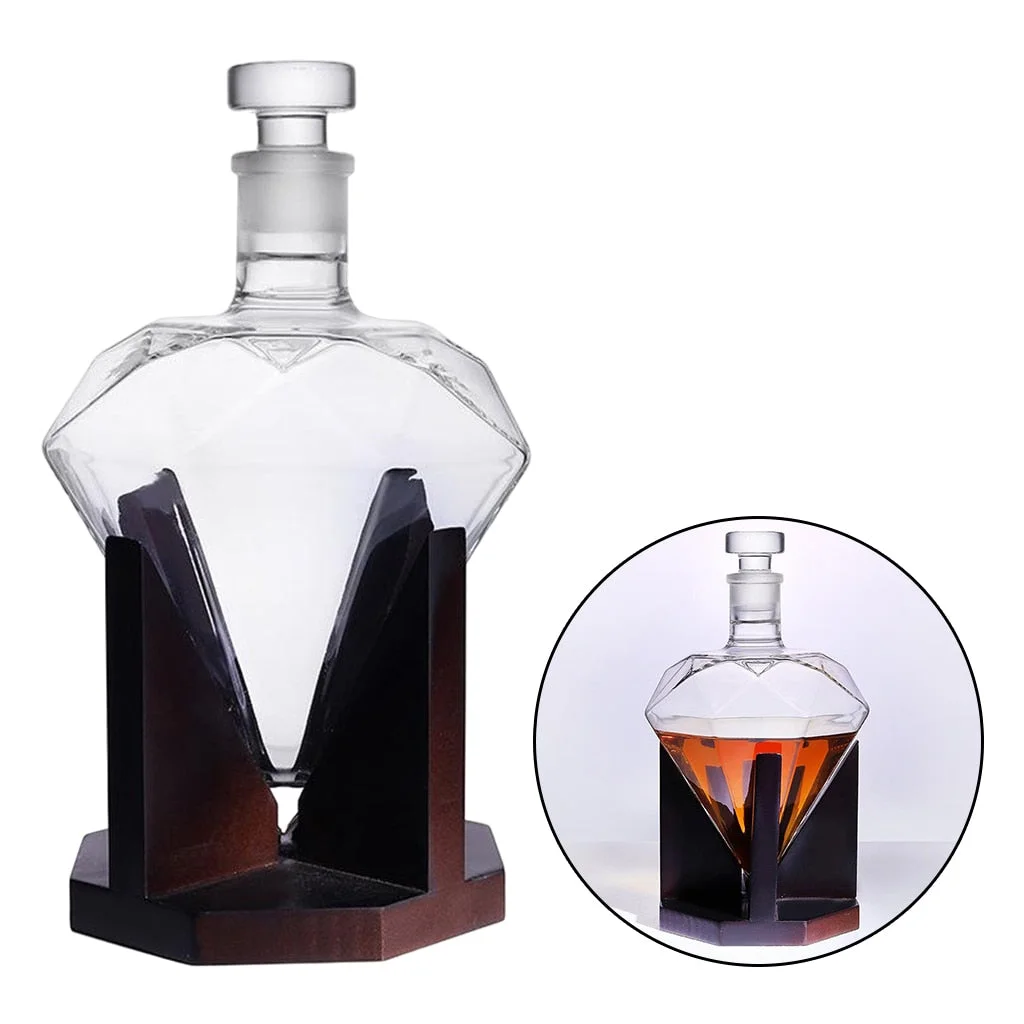 Glass Diamond Whiskey Decanter Wine Wine Pourer Wooden Stand Decoration