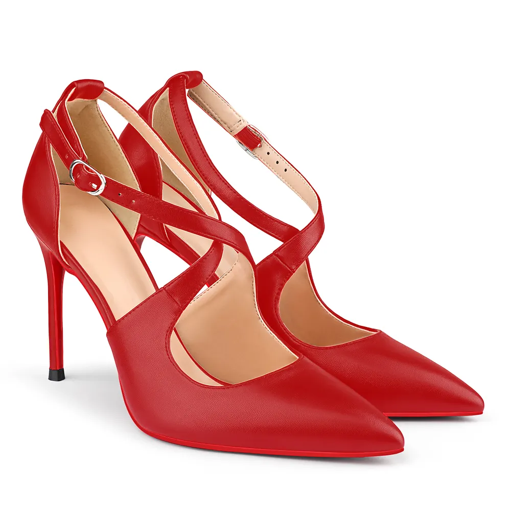 95mm Women's Pointed Toe Cross Strap Heels Red Bottoms Pumps Shoes Matte-vocosishoes