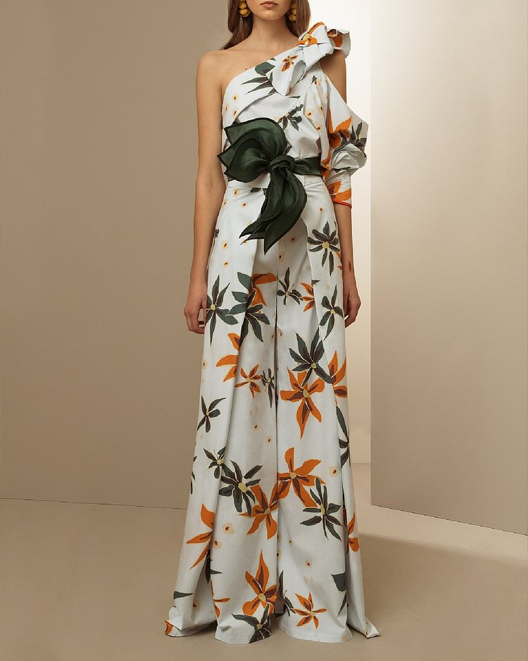Elegant Leaf Print One Shoulder Maxi Dress