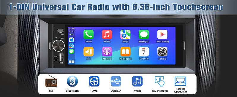 Product Introduction of Universal Single Din Car Stereo with Wireless CarPlay & Android Auto, 6.36 Inch IPS Touch Screen Head Unit with Backup Camera/External Microphone, Car Radio Supports Bluetooth/SWC/FM/USB/TF 11