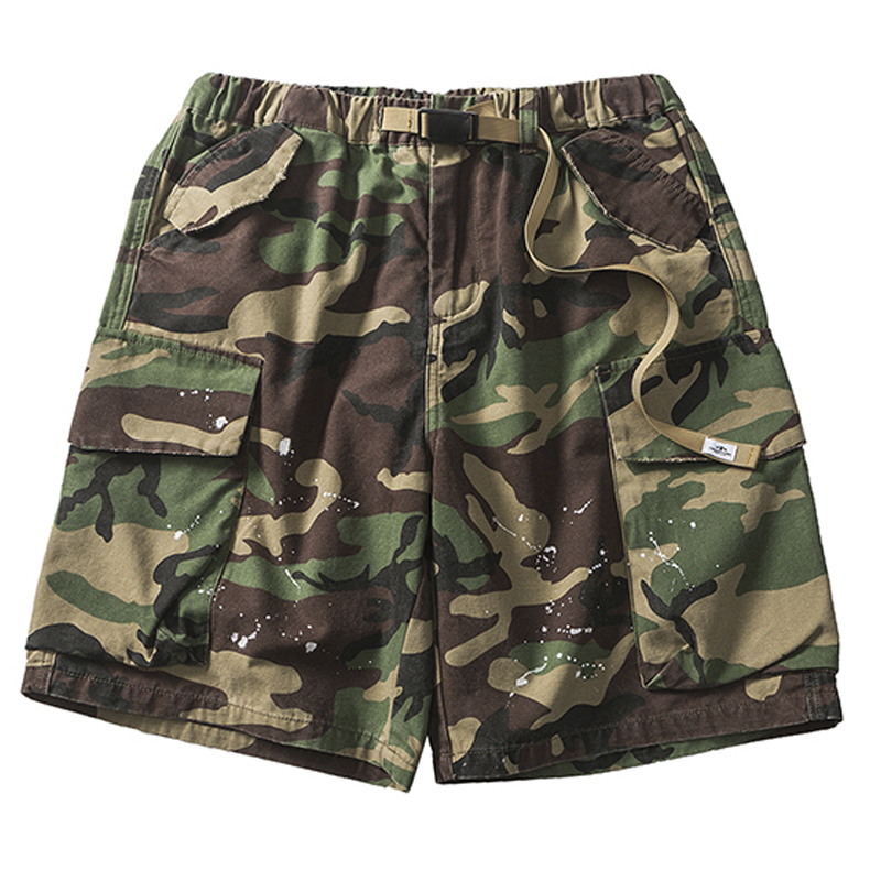 Workwear Distressed Spray-Painted Multi-Pocket Camouflage Shorts