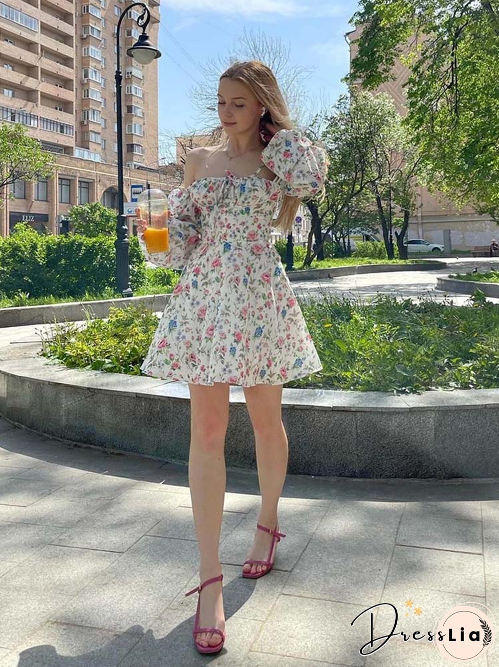 Floral Dress Women Lantern Long Sleeve Ruched Print A Line Square Neck Tie Up Mini Vestidos Sexy Chic Summer Beach Dress