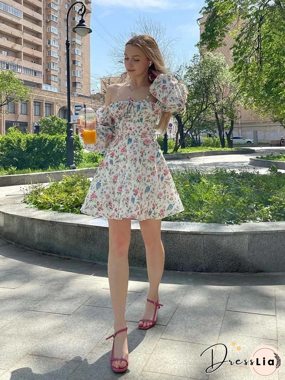 Floral Dress Women Lantern Long Sleeve Ruched Print A Line Square Neck Tie Up Mini Vestidos Sexy Chic Summer Beach Dress