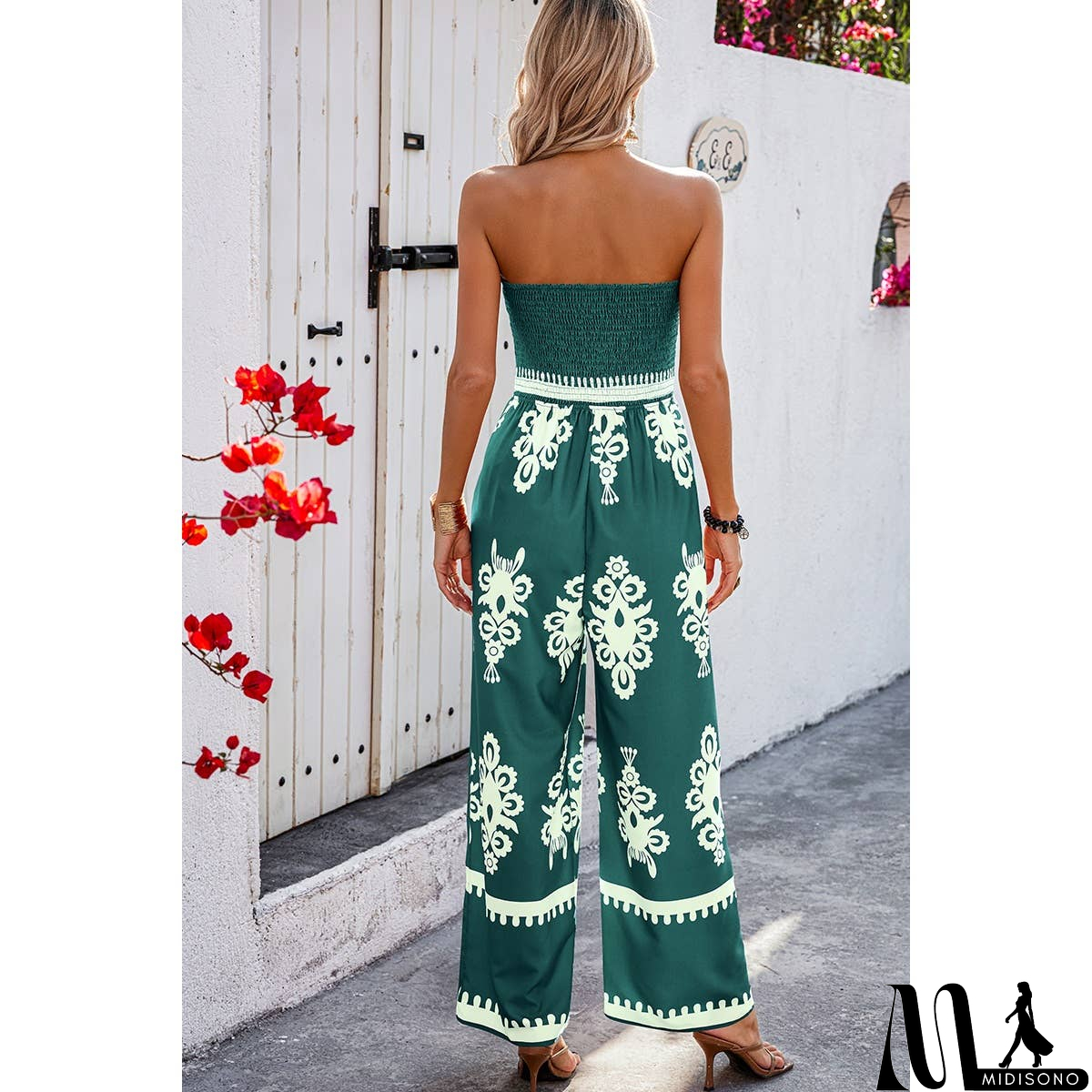 MidiSono - Off Shoulder Ruched Printed High Waist Jumpsuit