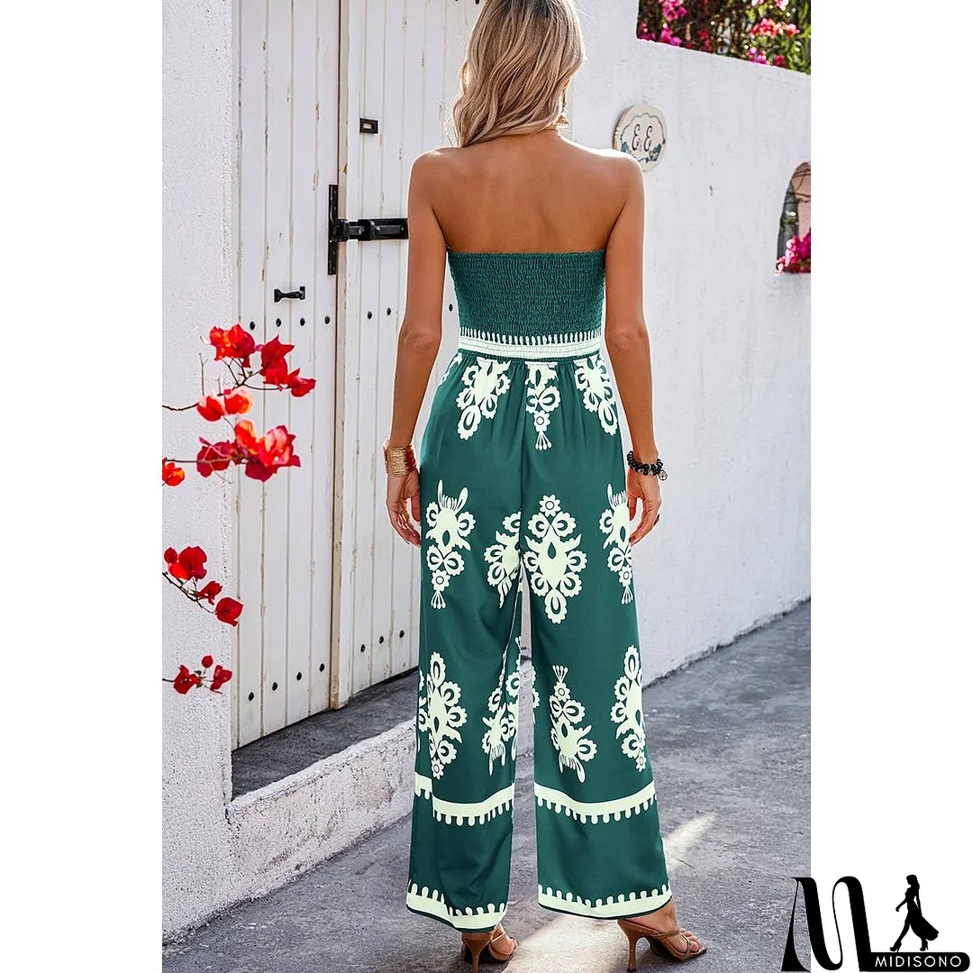 MidiSono - Off Shoulder Ruched Printed High Waist Jumpsuit