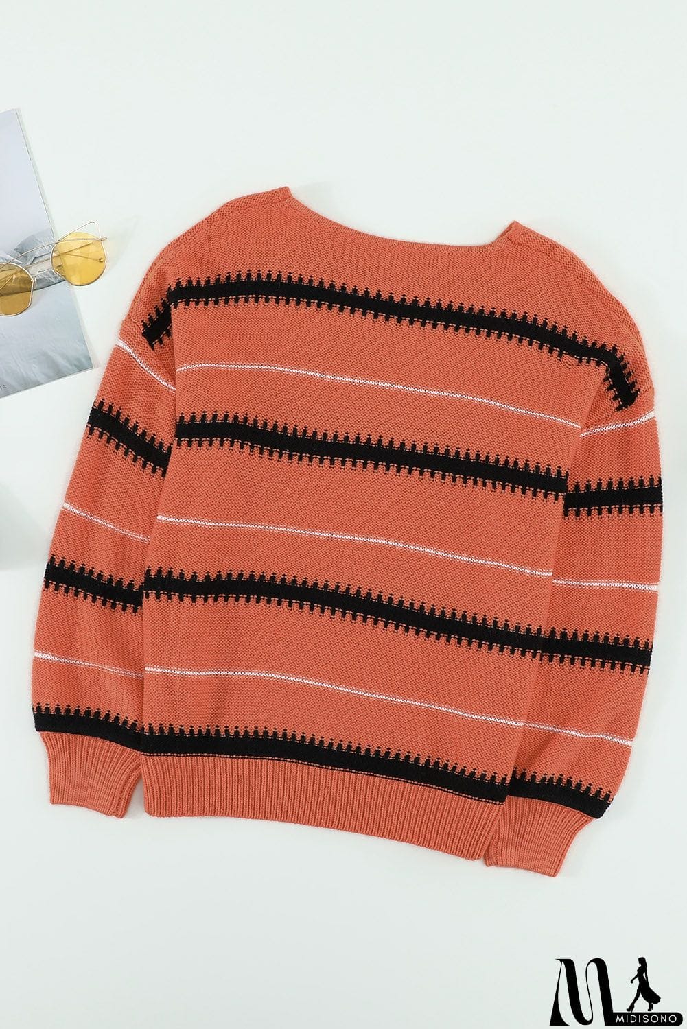 MidiSono - Pink Red Striped Loose Fit Pullover Sweater