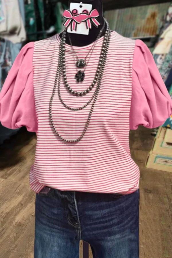 Casual Striped Puff Sleeve Top