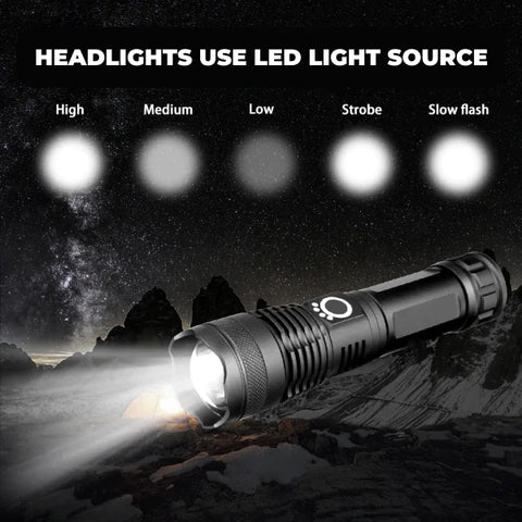 Bright LED Tactical Flashlight Waterproof Torch USB Rechargeable for Outdoors, Camping, Hunting, Fishing and Hiking.