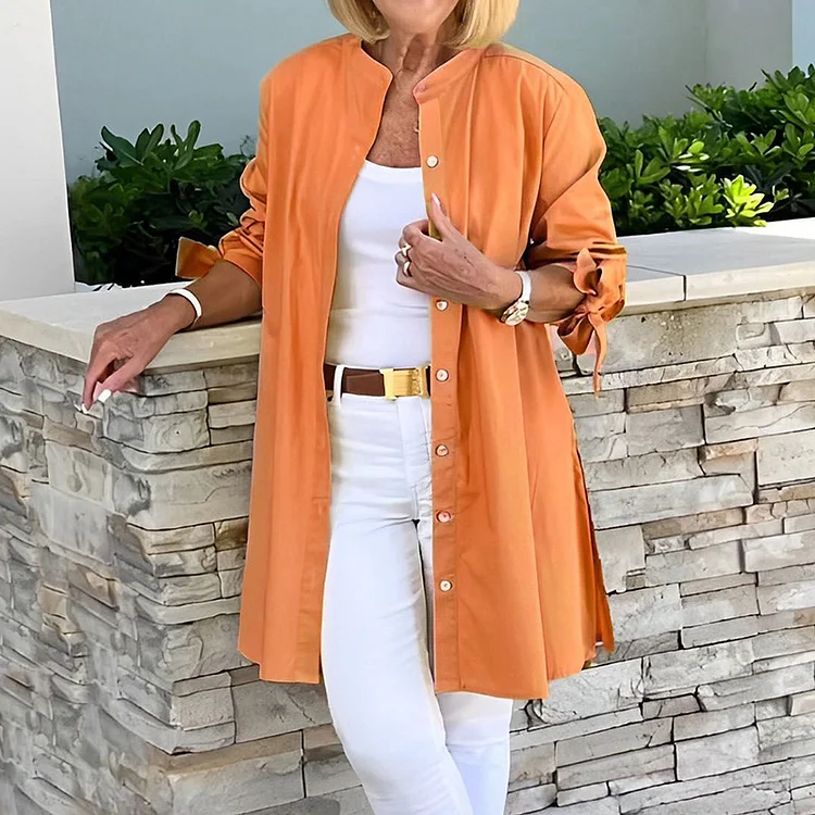 Solid Color Simple Linen Blend Shirt