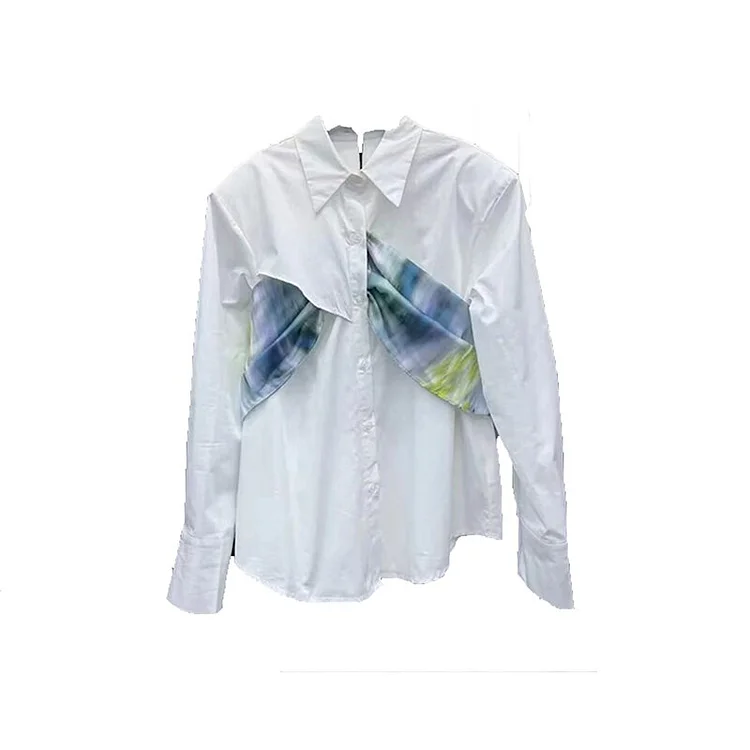 Chic Solid Color Lapel Patchwork Tie-dye Silk Ribbon Bow Decor Long Sleeve Shirt   
