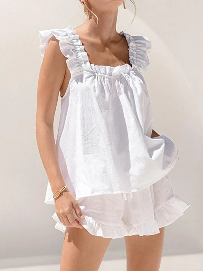 Brownm Cotton Ruffle Cami Shorts Set