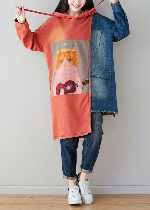 VCSHOES Orange Asymmetrical Design Cartoon Print Cotton Sweatshirt Dress Spring