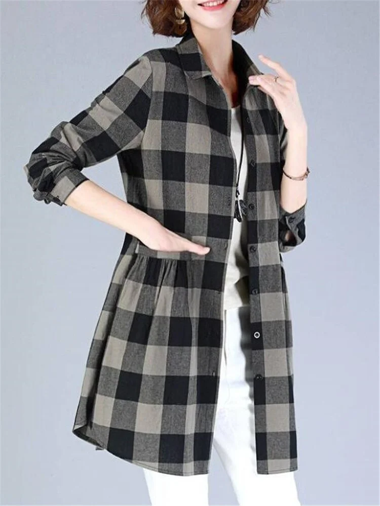 Cotton Long Blouses Women's Shirts Plaid Lapel OL Tunic Button Pocket Loose Female Shirtdress Mid-length Casual Tops Women Shirt