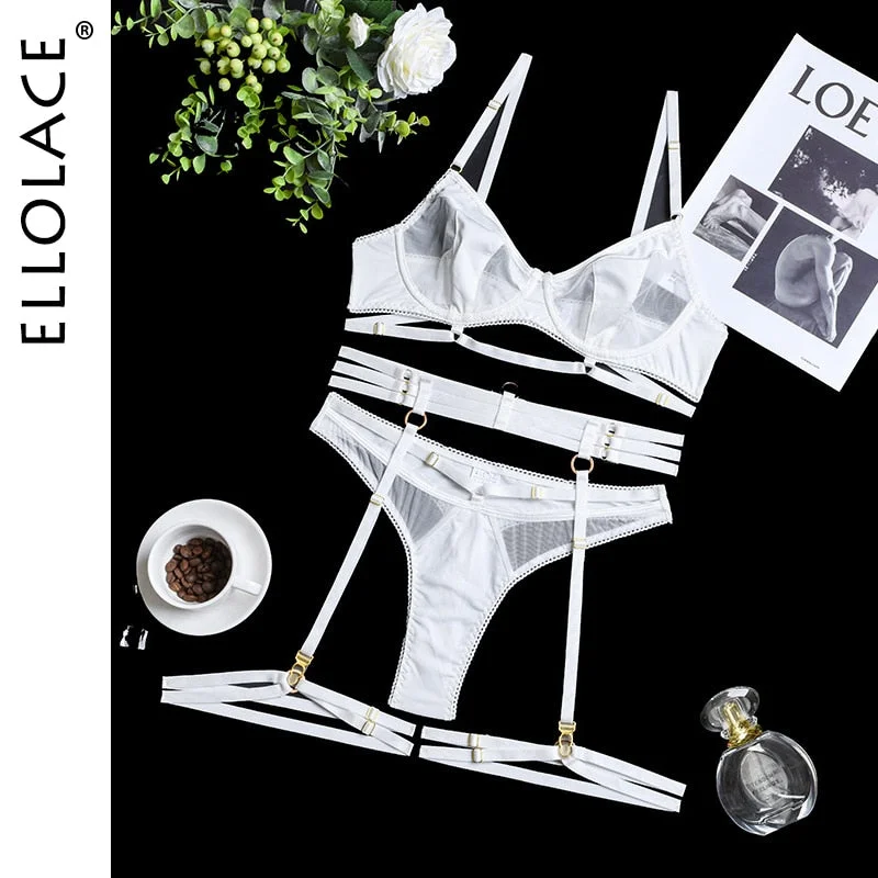 Ellolace Lingerie Womens Underwear Set Lace Sensual Erotic Bilizna Brief Sets Garters