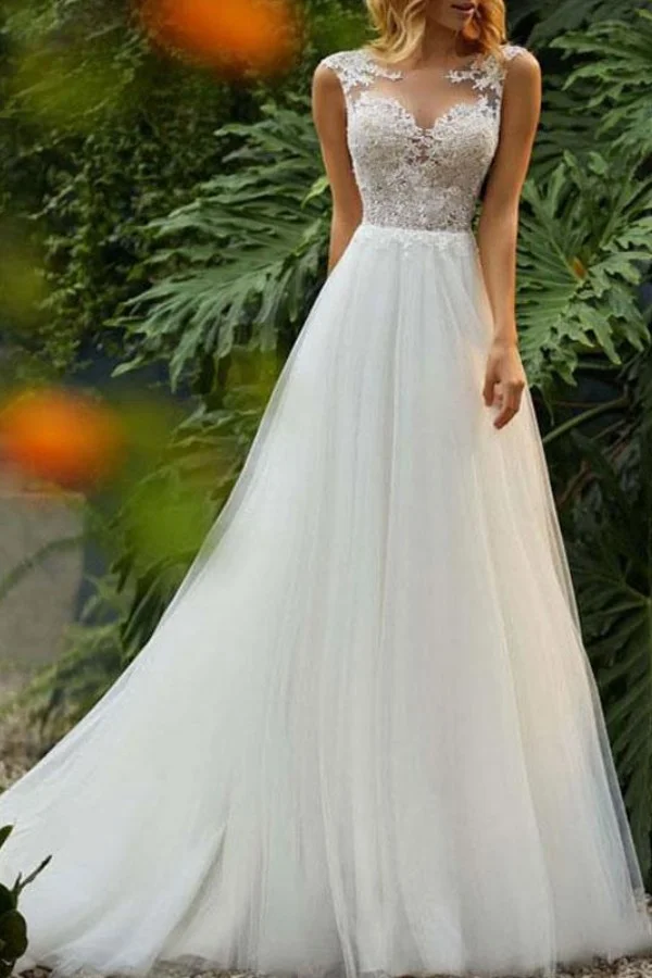 Sleeveless Tulle Lace Wedding Dress Long PD086