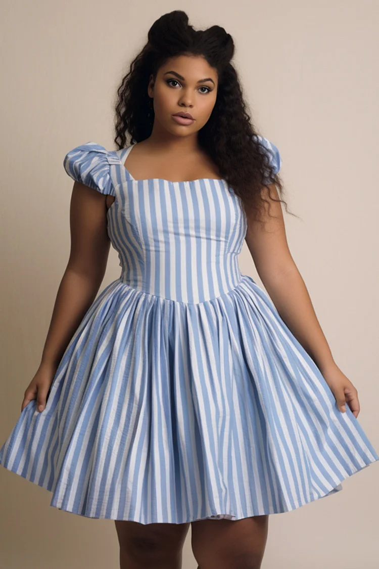 Xpluswear Design Plus Size Daily Blue Milkmaid Striped Square Neck Cap Sleeve Tummy Control Mini Dresses [Pre-Order] 2024 - Xpluswear
