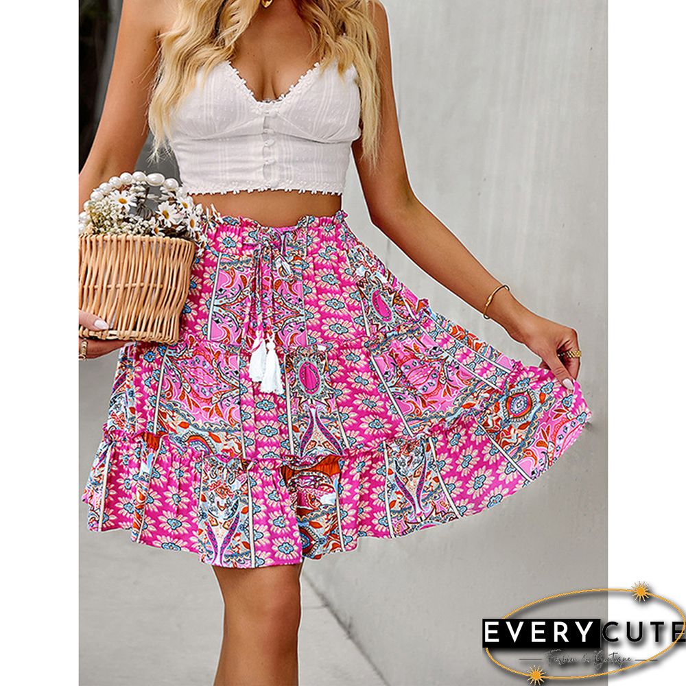 Pink Bohemian Print Lace-up Summer Skirt
