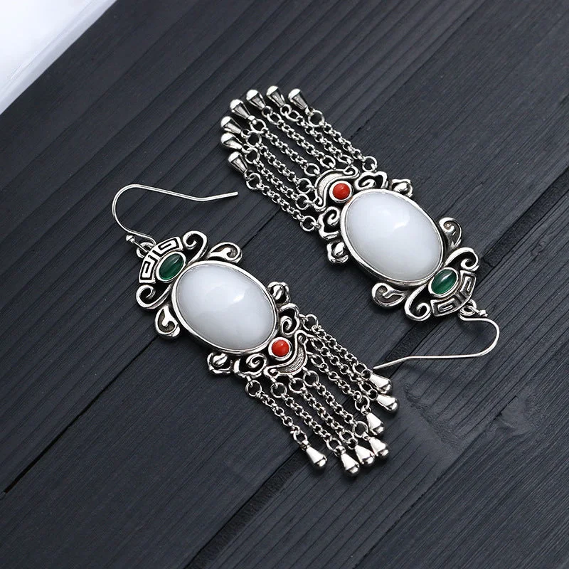 White Jade Tassel Vintage Chinese Style Drop Dangle Earrings