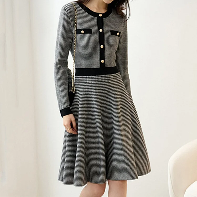 Houndstooth Buttoned Long Sleeve Dresses QueenFunky