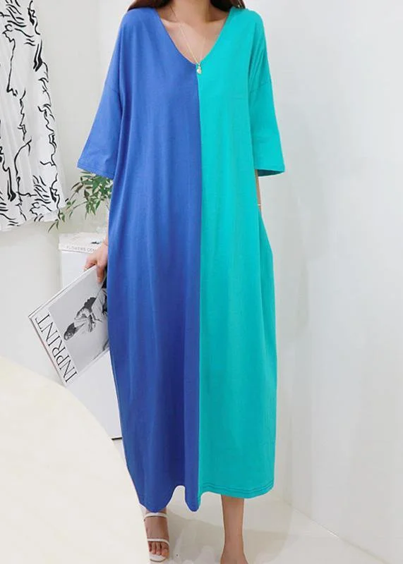 Women v neck patchwork cotton Tunics Tunic Tops pink Kaftan Dress