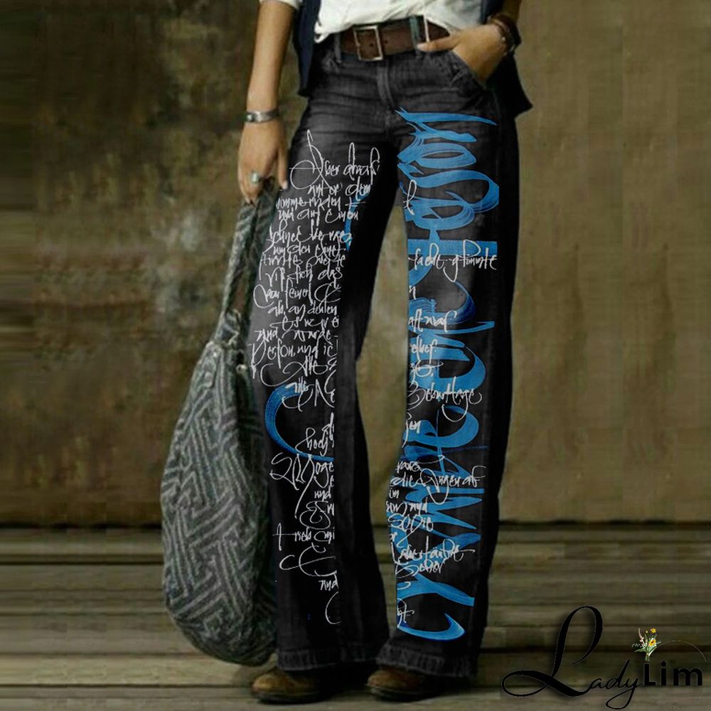 Vintage Fashion Casual Straight Wide Leg Ladies Denim Pants