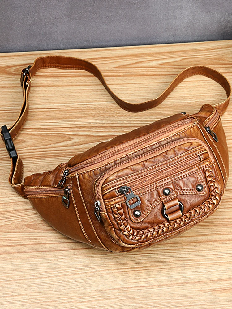 Studded Braid Details Soft Leather Shoulder Waist Bag