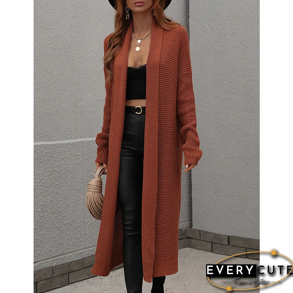 Rust Red Knit Pocket Open Front Long Cardigan