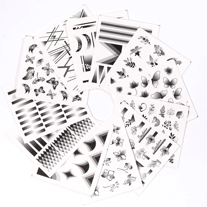 Harunouta 12Pcs Gradient Geometry Line Water Decals Set Pink Blue Colorful Whirlpool Wave Stickers Sliders Nail Art Decorations