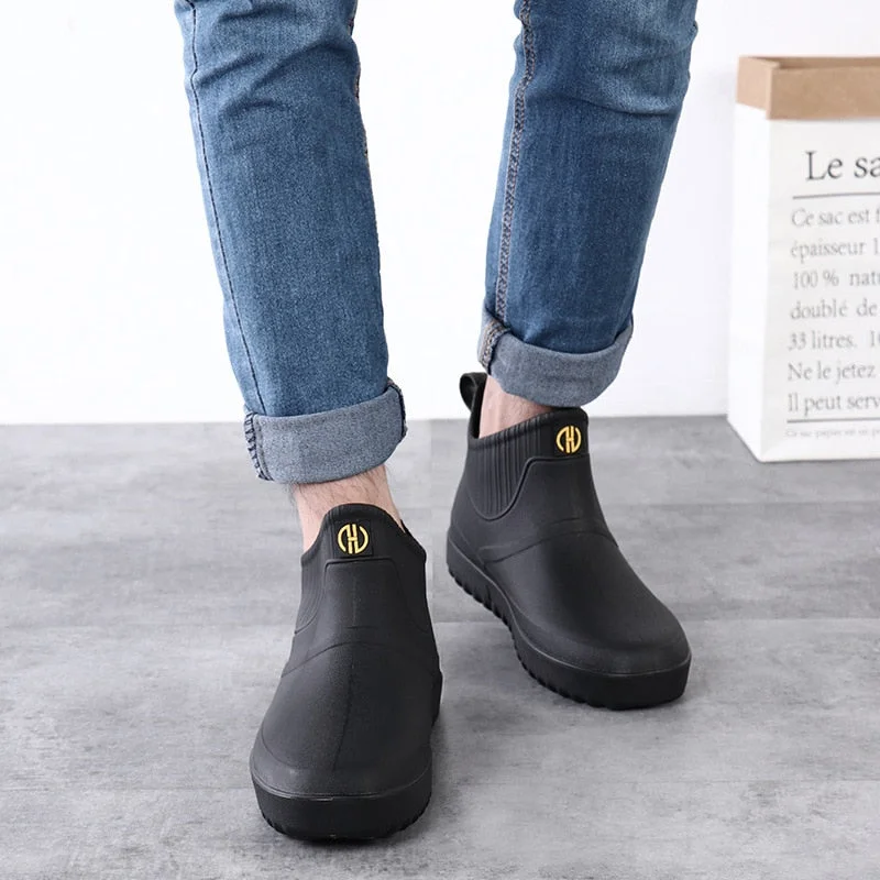 Men Non-slip Waterproof Rain Boots Short Tube Footwear Kitchen Work Fishing Car Wash Rubber Shoes Novelty Fashion