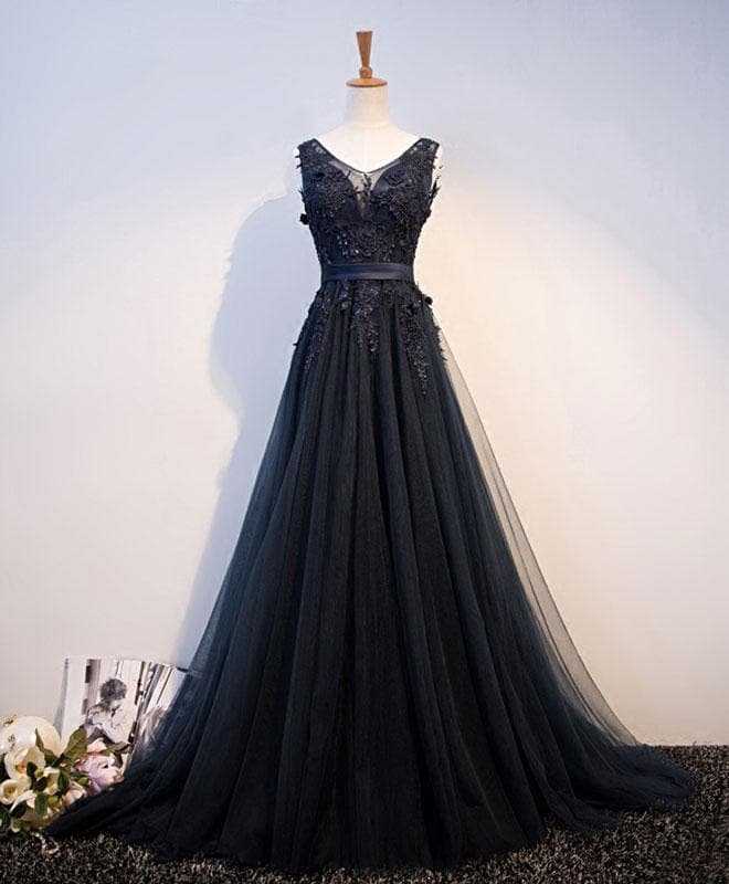 Dark Blue V Neck Tulle Lace Long Prom Dress