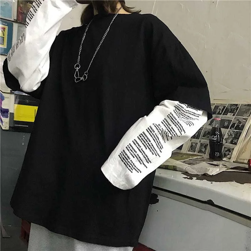 NiceMix New women's letter print loose fake two-piece stitching long-sleeved T-shirt