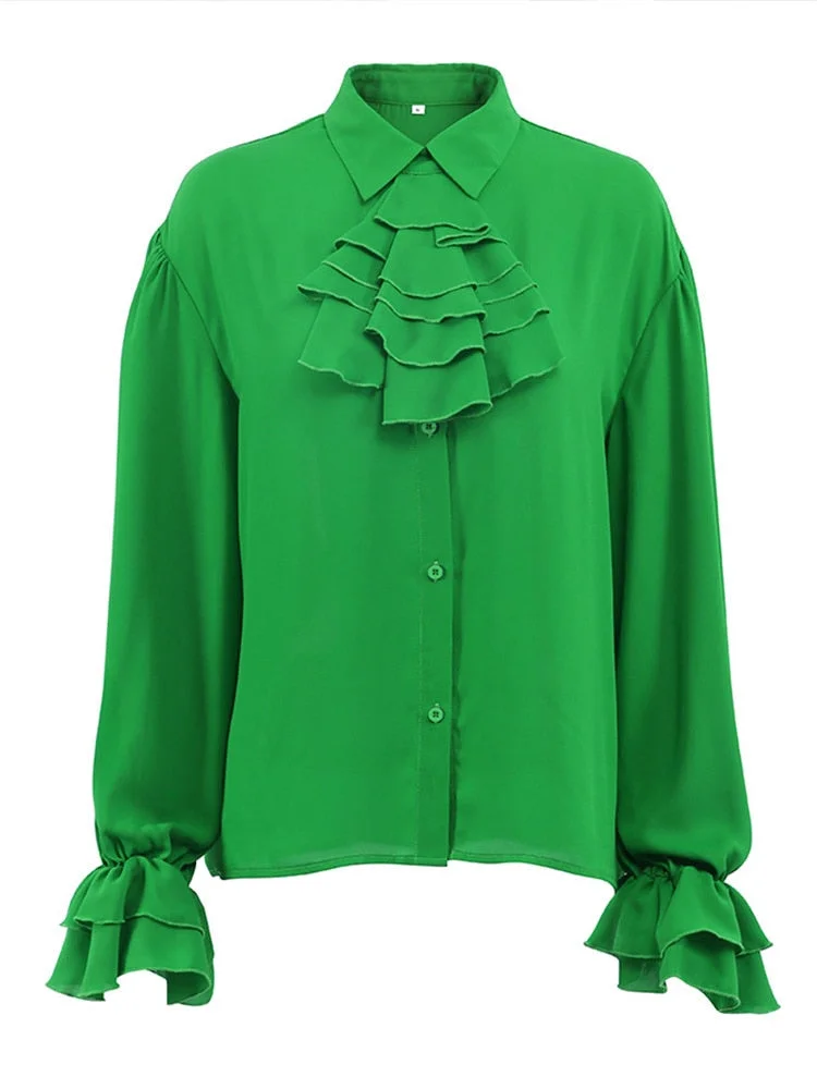 Green Ruffle Blouse Women Elegant Sheers Chiffon Shirts Female Chic Lantern Sleeve Frill Top 2022 Spring Cascading Ruffle Blouse