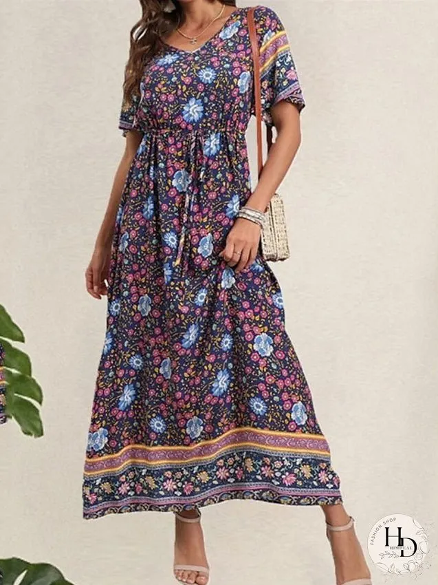 Casual Dress Swing Dress Floral Dress Long Dress Maxi Dress Black Blue Royal Blue Short Sleeve Floral Print Spring Summer V Neck Loose Fit S M L XL XXL 3XL for Women