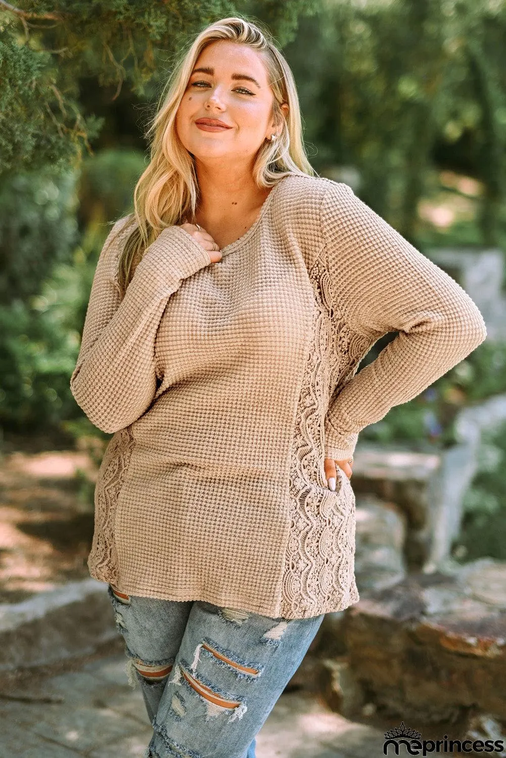 Plus Size Waffle-Knit Spliced Lace Top