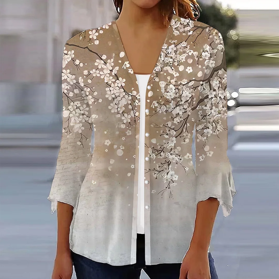 Women's Shirt Blouse White Red Purple Graphic Floral Print 3/4 Length Sleeve Casual Basic V Neck Regular Floral S