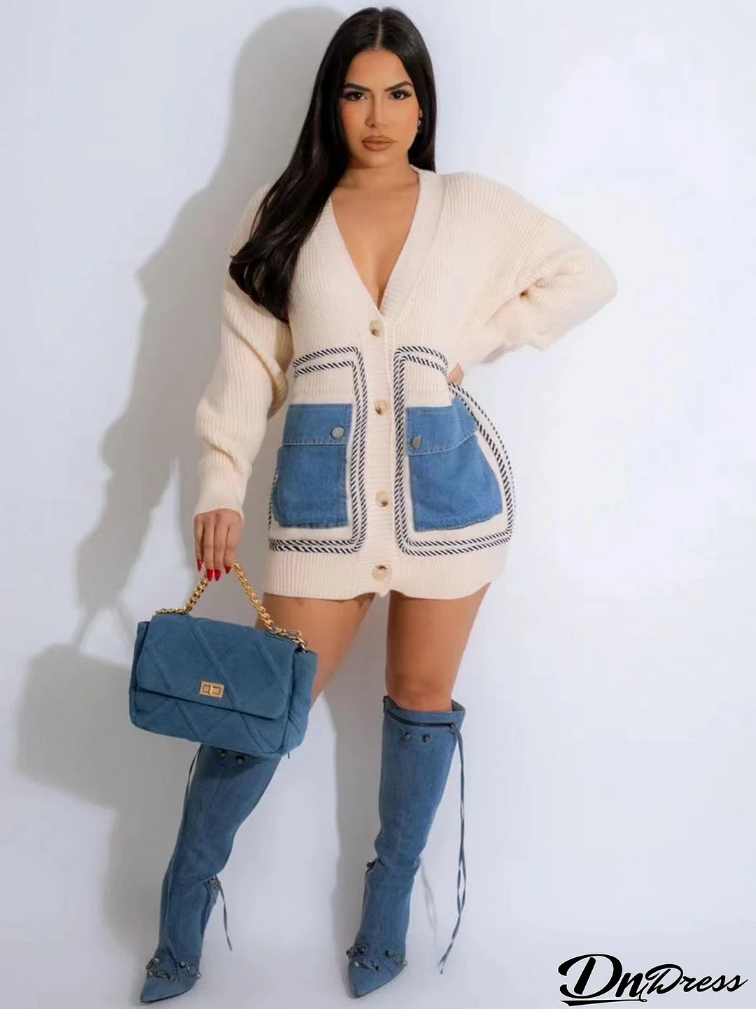 Women Patchwork single-breasted Denim pocket sweater
